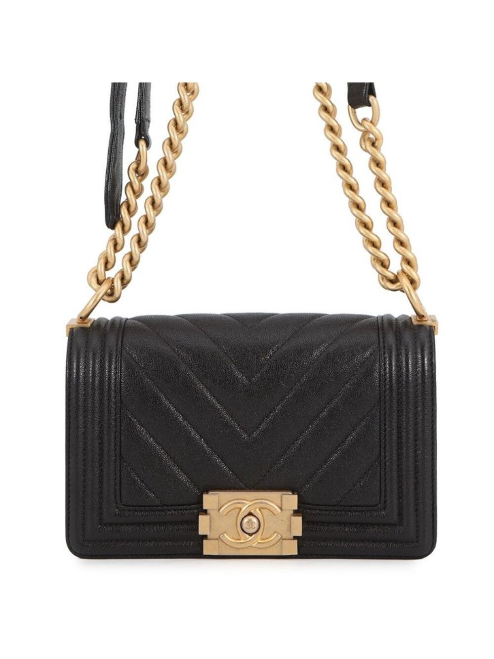 Chanel Chain Shoulder Bag Boy Small Quilted CC Logo Caviar Leather Black